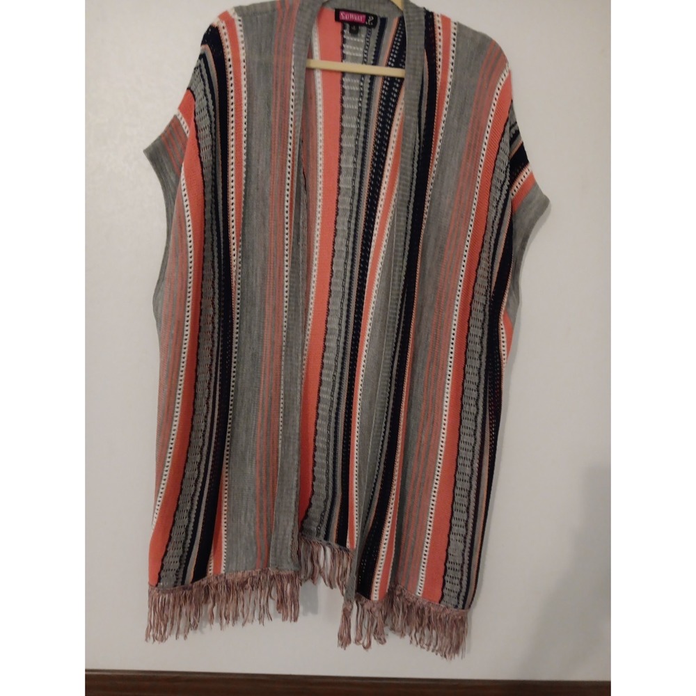 SayWhat? Sz.M Boho Cardigan Sleeveless Multi-Color Striped Open Front Fringed